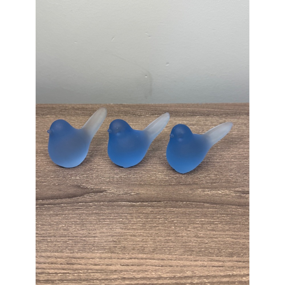 Vintage Frosted Blue Glass Bird Figurines Set of 3 Satin Art Glass Songbirds
